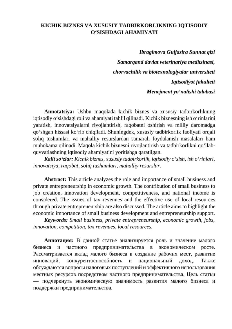 Kichik biznes va xususiy tadbirkorlikning iqtisodiy o‘sishdagi ahamiyati