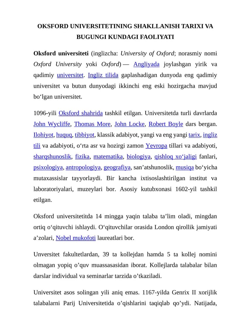 Oksford universitetining shakllanish tarixi va bugungi kundagi faoliyati