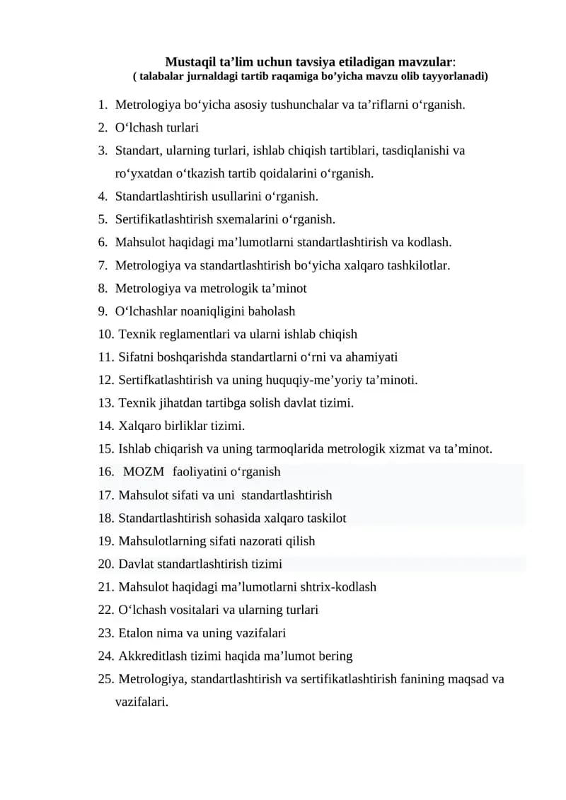 Mustaqil taʼlim uchun metrologiya mavzulari