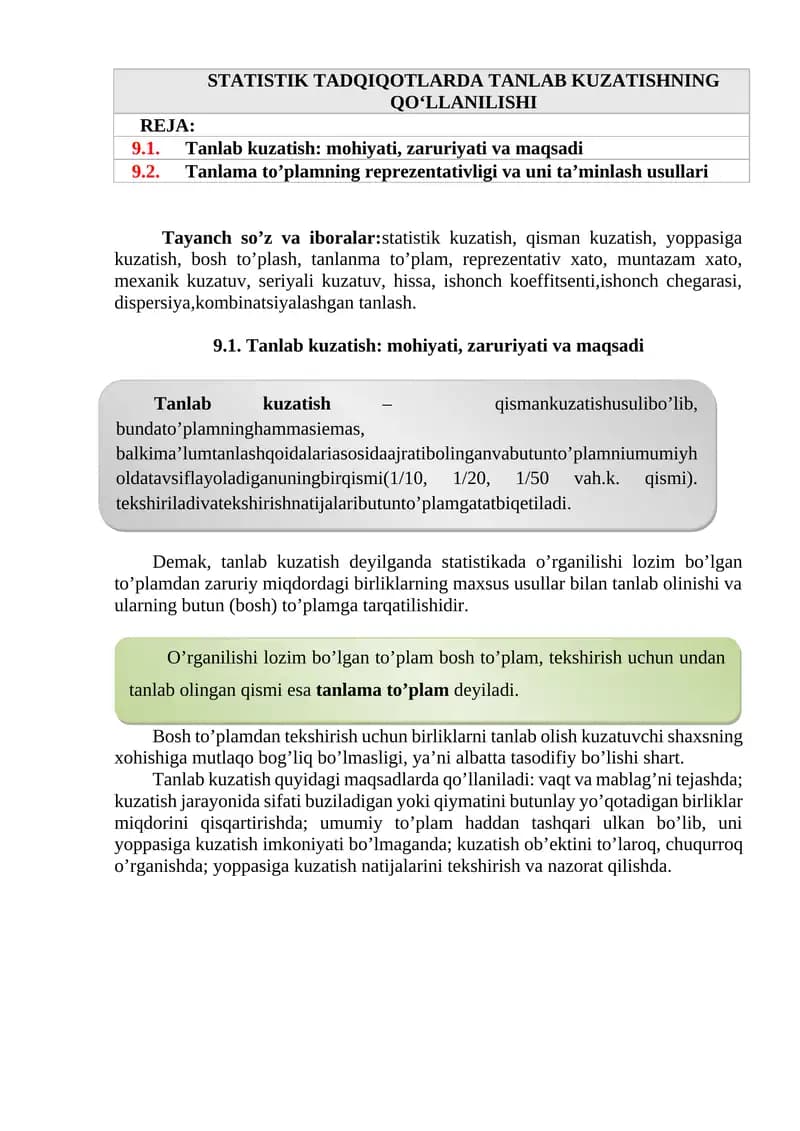 STATISTIK TADQIQOTLARDA TANLAB KUZATISHNING QO‘LLANILISHI