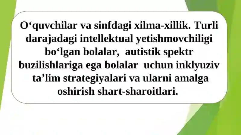 O‘quvchilar va sinfdagi xilma-xillik. Turli darajadagi intellektual yetishmovchiligi bo‘lgan bolalar,  autistik spektr buzilishlariga ega bolalar  uchun inklyuziv  ta’lim strategiyalari va ularni amalga oshirish shart-sharoitlari.