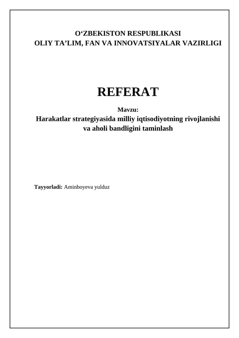 Harakatlar strategiyasi: Milliy iqtisodiyotni rivojlantirish va makroiqtisodiy barqarorlik