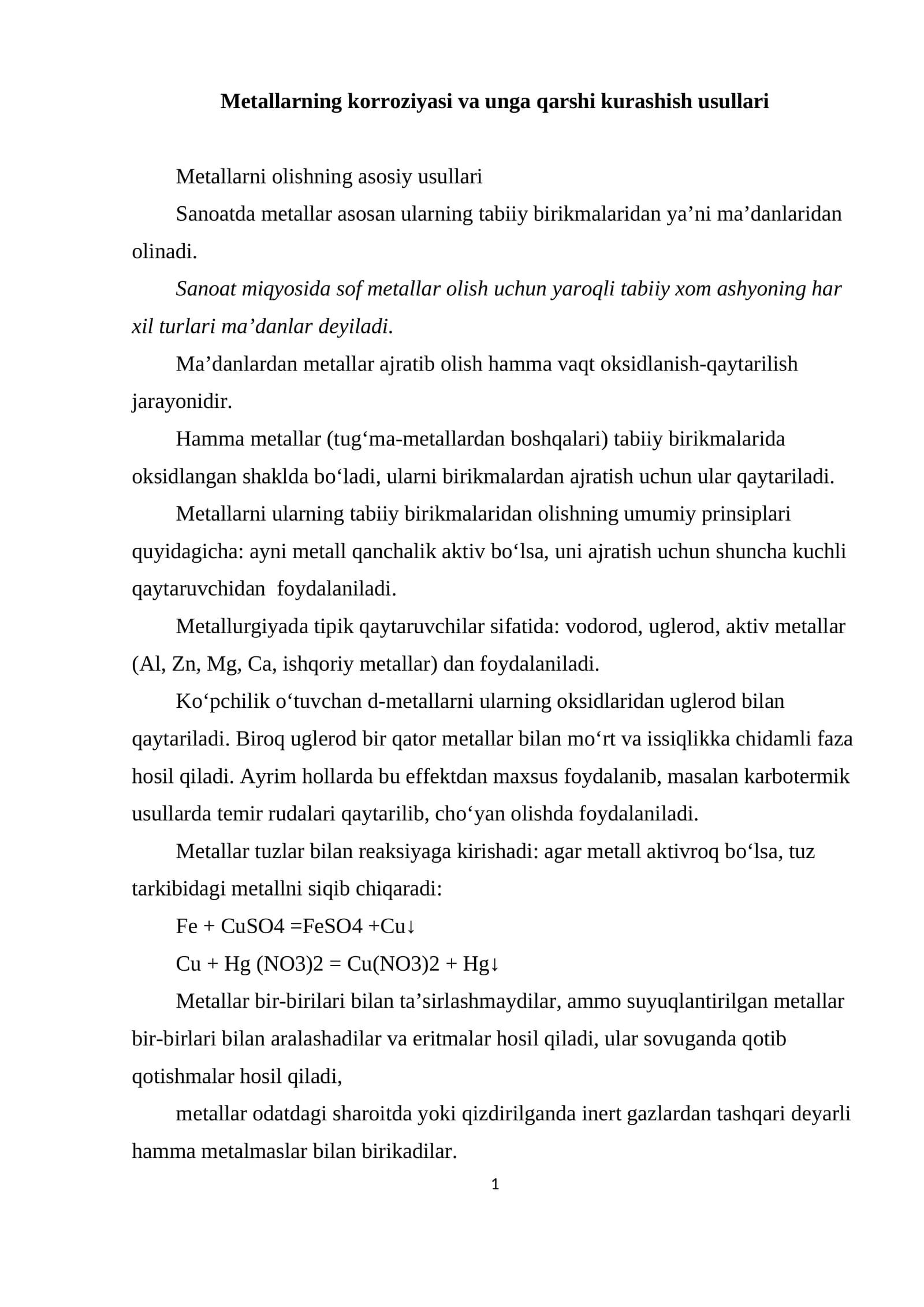 Metallarning korroziyasi va unga qarshi kurashish usullari