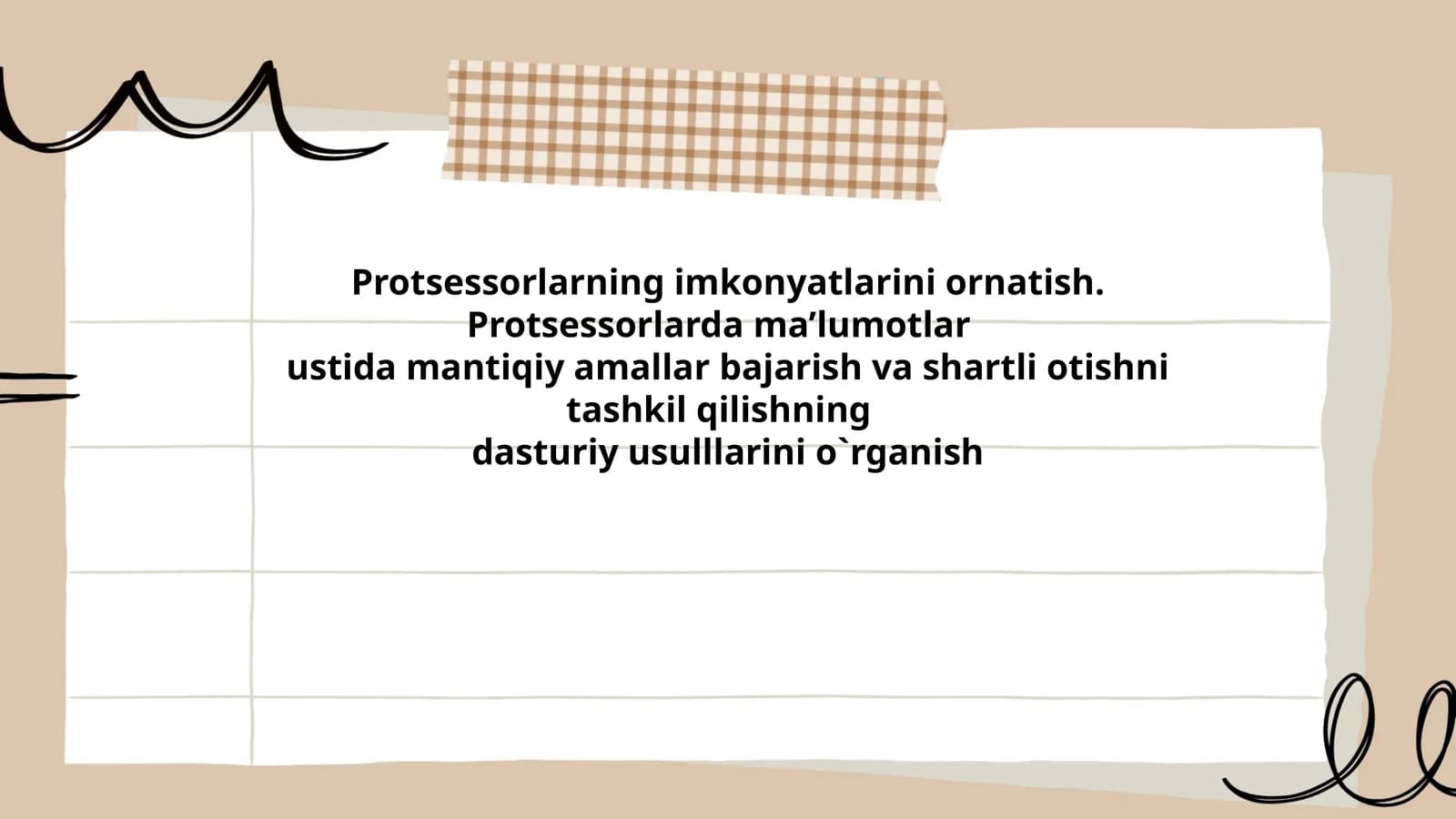 Protsessorlarning imkonyatlarini ornatish. Protsessorlarda ma’lumotlar ustida mantiqiy amallar bajarish va shartli otishni tashkil qilishning dasturiy usulllarini o`rganish