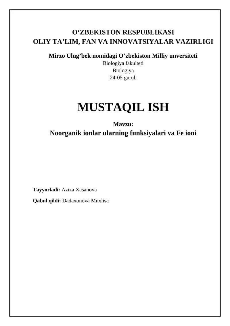 Noorganik ionlar: Ta'rif, ahamiyat va biologik funksiyalari