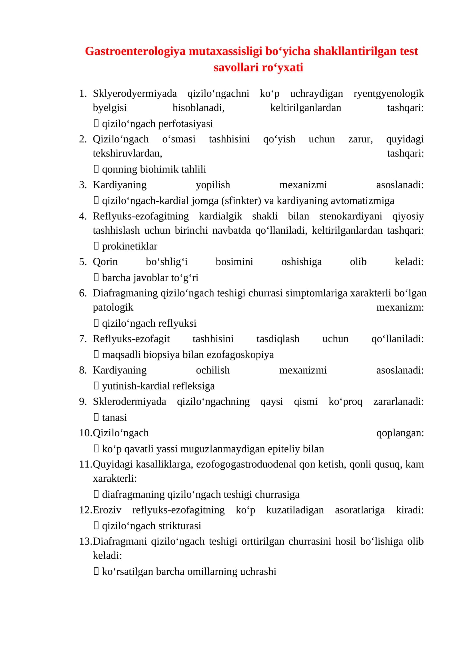 Gastroenterologiya mutaxassisligi boʻyicha shakllantirilgan test savollari roʻyxati