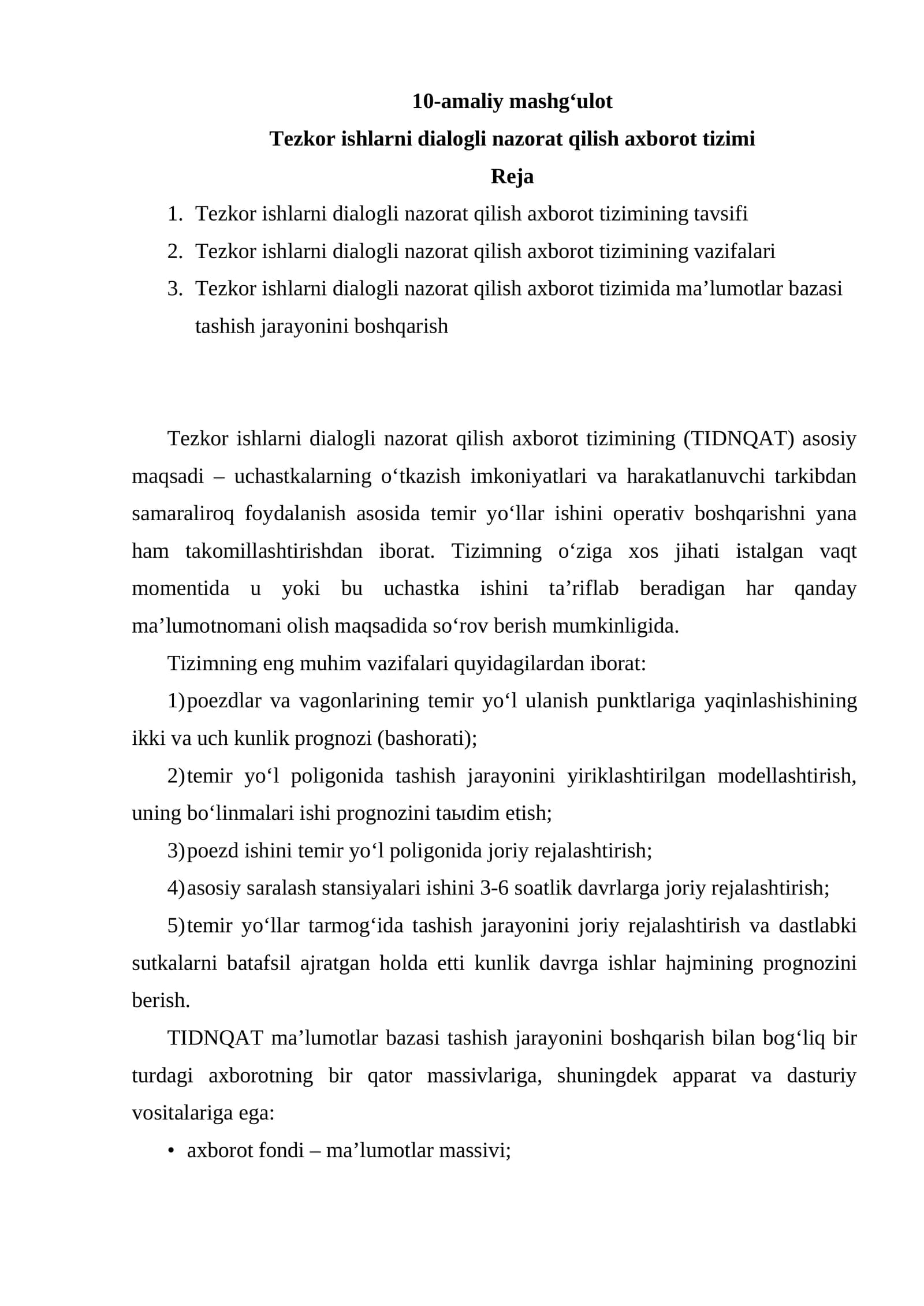 Tezkor ishlarni dialogli nazorat qilish axborot tizimi