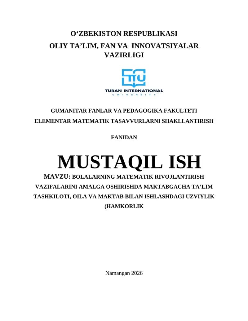 ELEMENTAR MATEMATIK TASAVVURLARNI SHAKLLANTIRISH