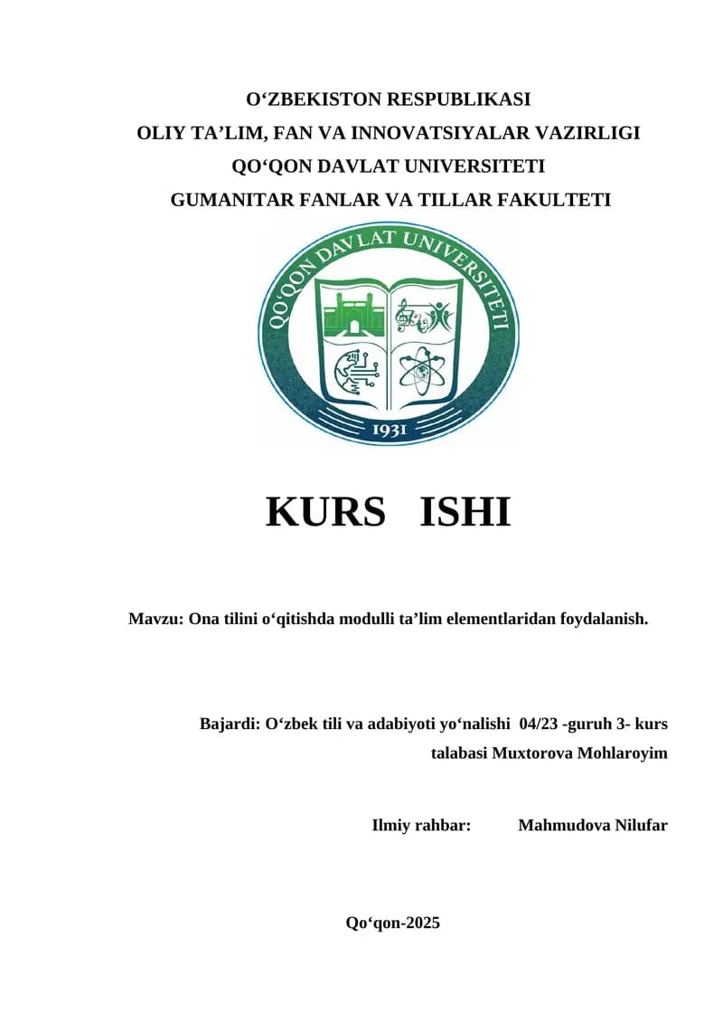 Ona tilini o‘qitishda modulli ta’lim elementlaridan foydalanish.