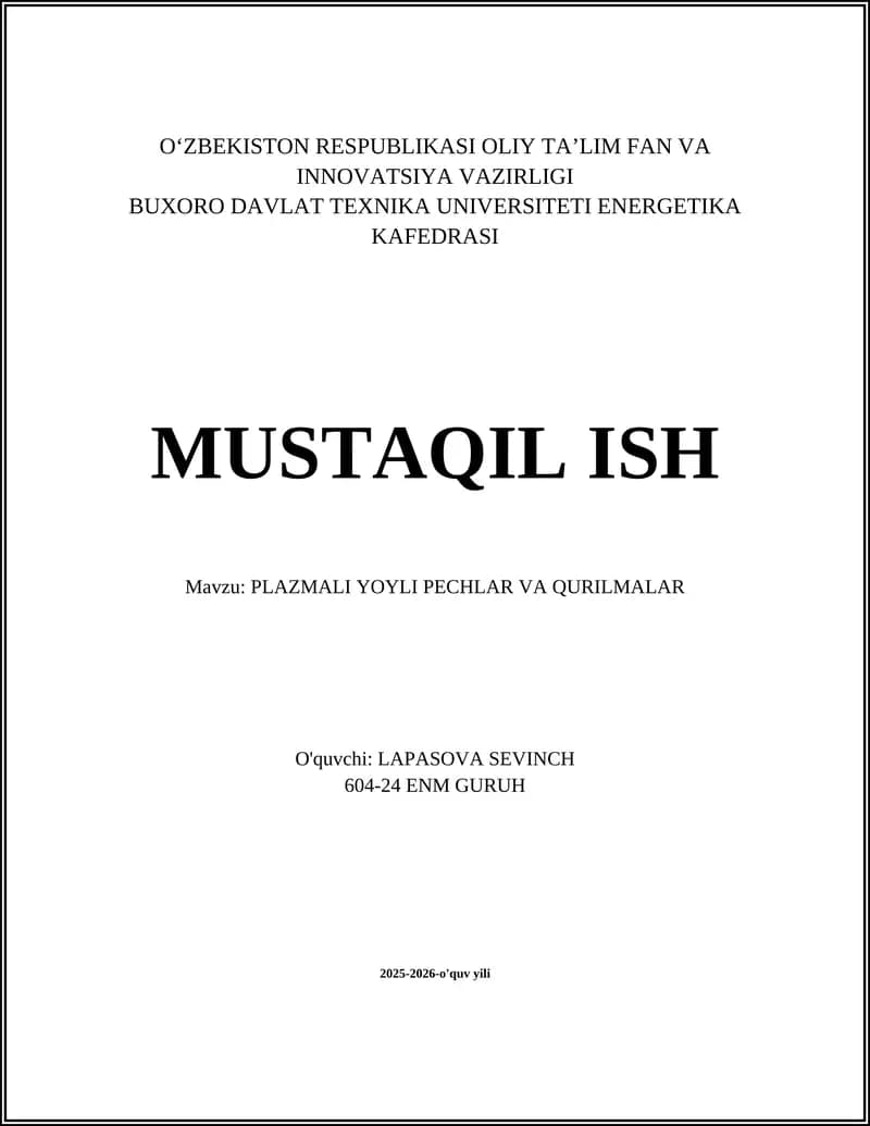PLAZMALI YOYLI PECHLAR VA QURILMALAR