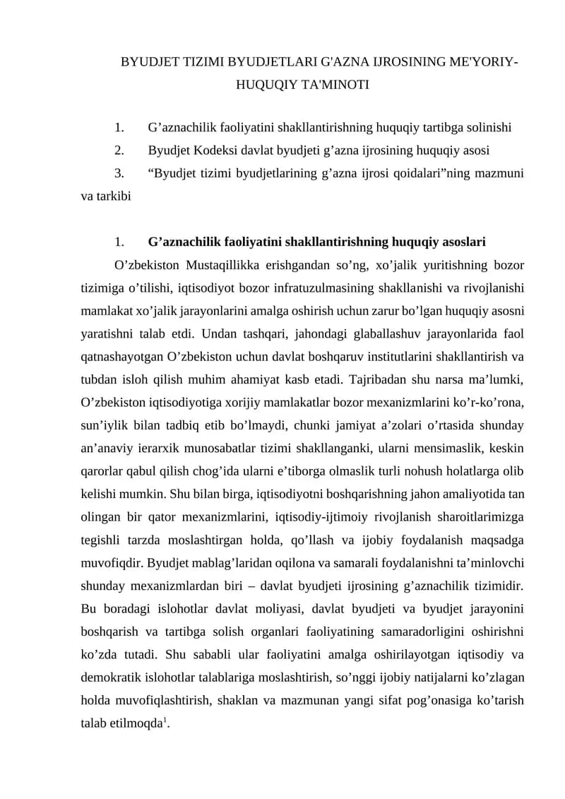 BYUDJET TIZIMI BYUDJETLARI G'AZNA IJROSINING ME'YORIY-HUQUQIY TA'MINOTI