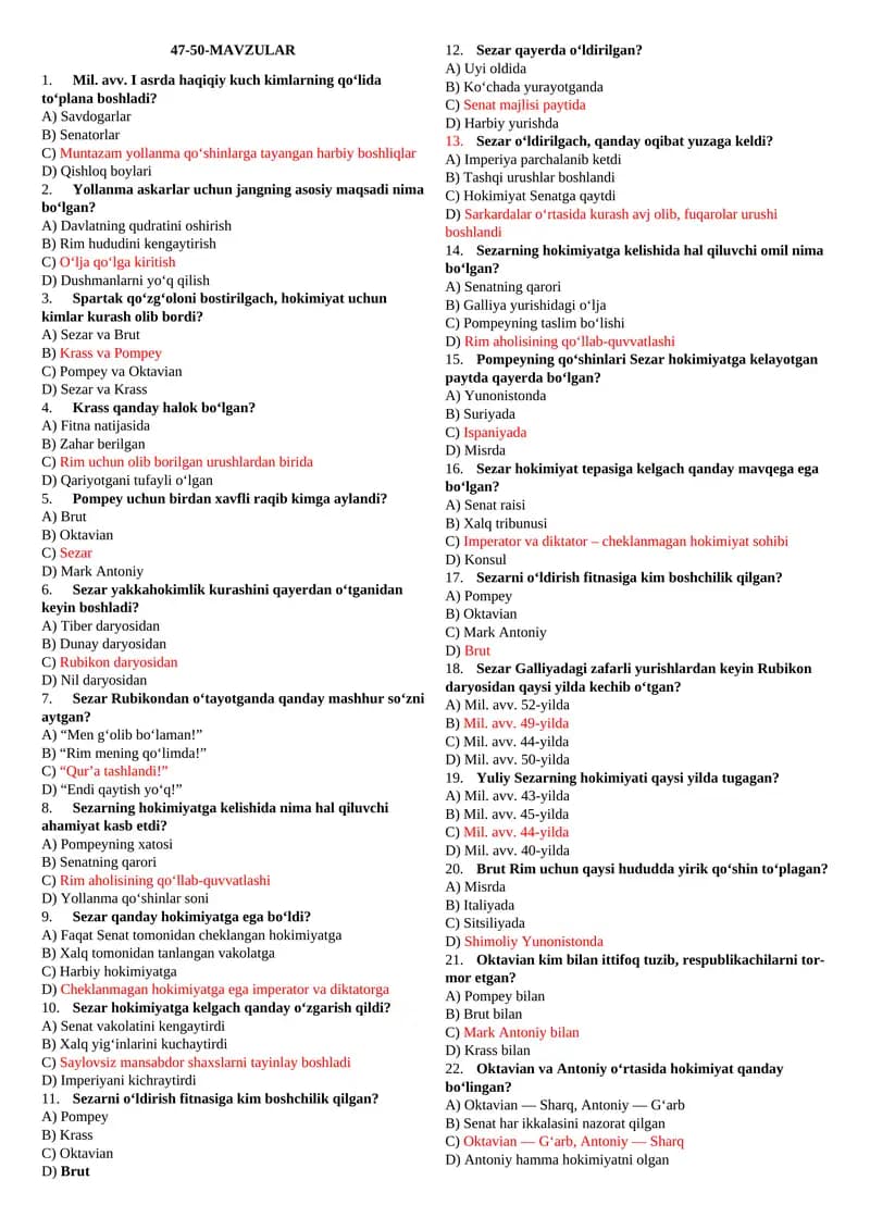 6-SINF TARIX MAVZULASHTIRILGAN TESTLAR 47-50-MAVZULAR