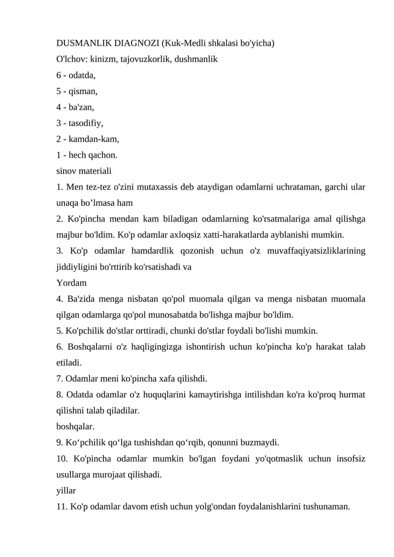 DUSMANLIK DIAGNOZI (Kuk-Medli shkalasi bo'yicha)