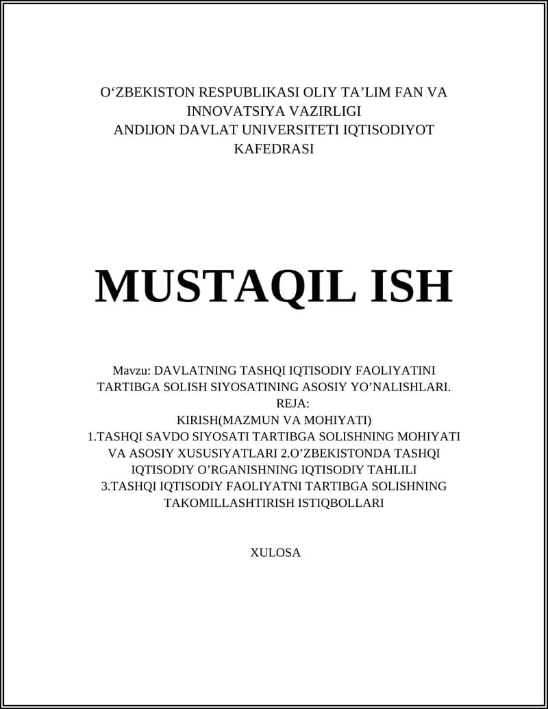 DAVLATNING TASHQI IQTISODIY FAOLIYATINI TARTIBGA SOLISH SIYOSATI