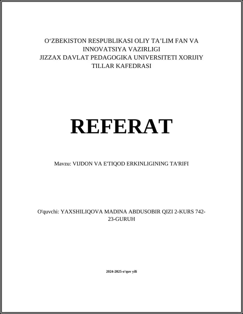 VIJDON VA E'TIQOD ERKINLIGINING TA'RIFI