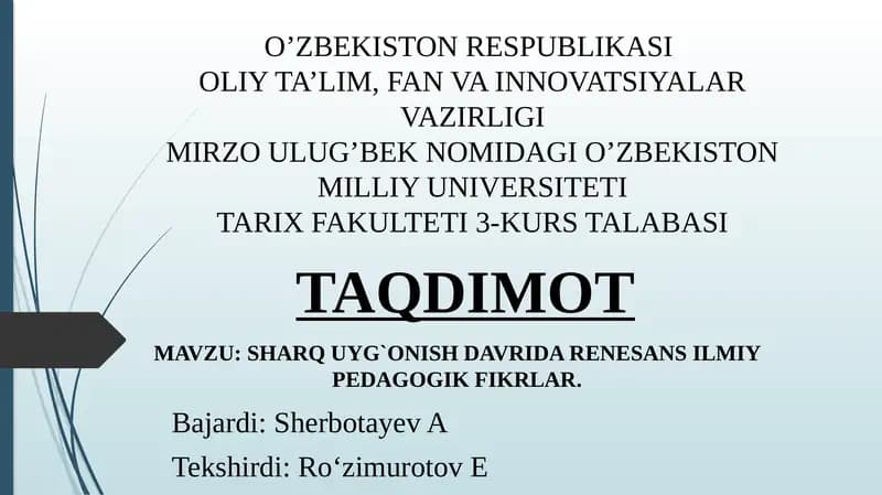 SHARQ UYG`ONISH DAVRIDA RENESANS ILMIY PEDAGOGIK FIKRLAR