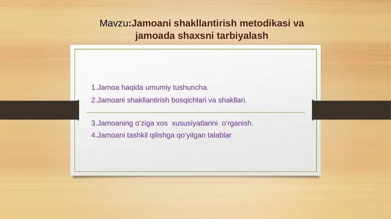 Jamoani shakllantirish metodikasi va jamoada shaxsni tarbiyalash