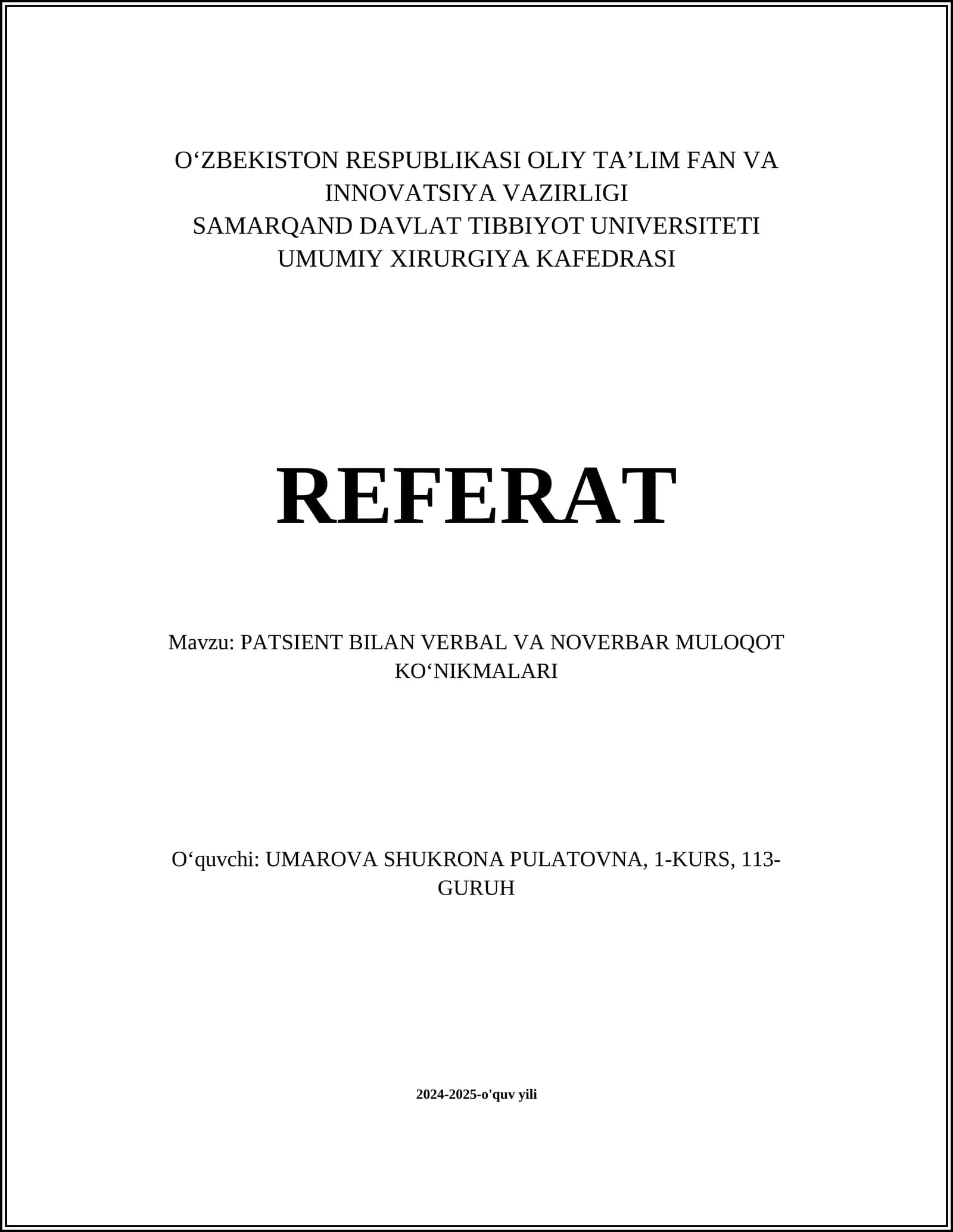 PATSIENT BILAN VERBAL VA NOVERBAR MULOQOT KOʻNIKMALARI