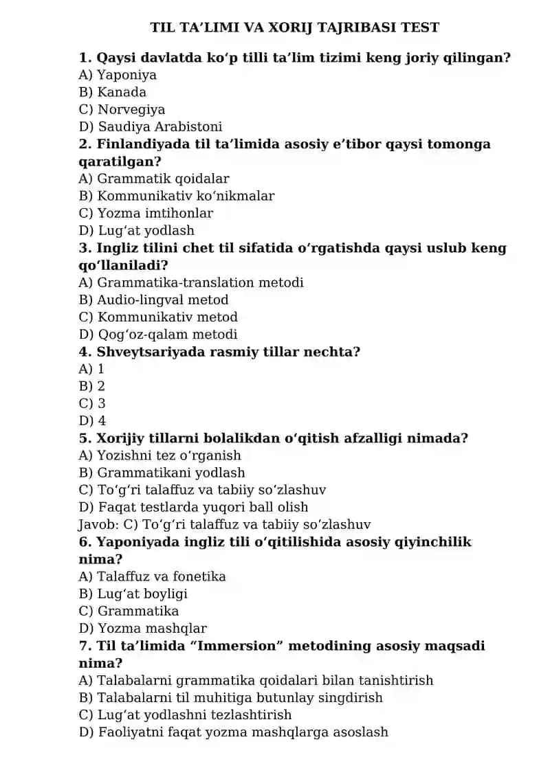 TIL TA’LIMI VA XORIJ TAJRIBASI TEST