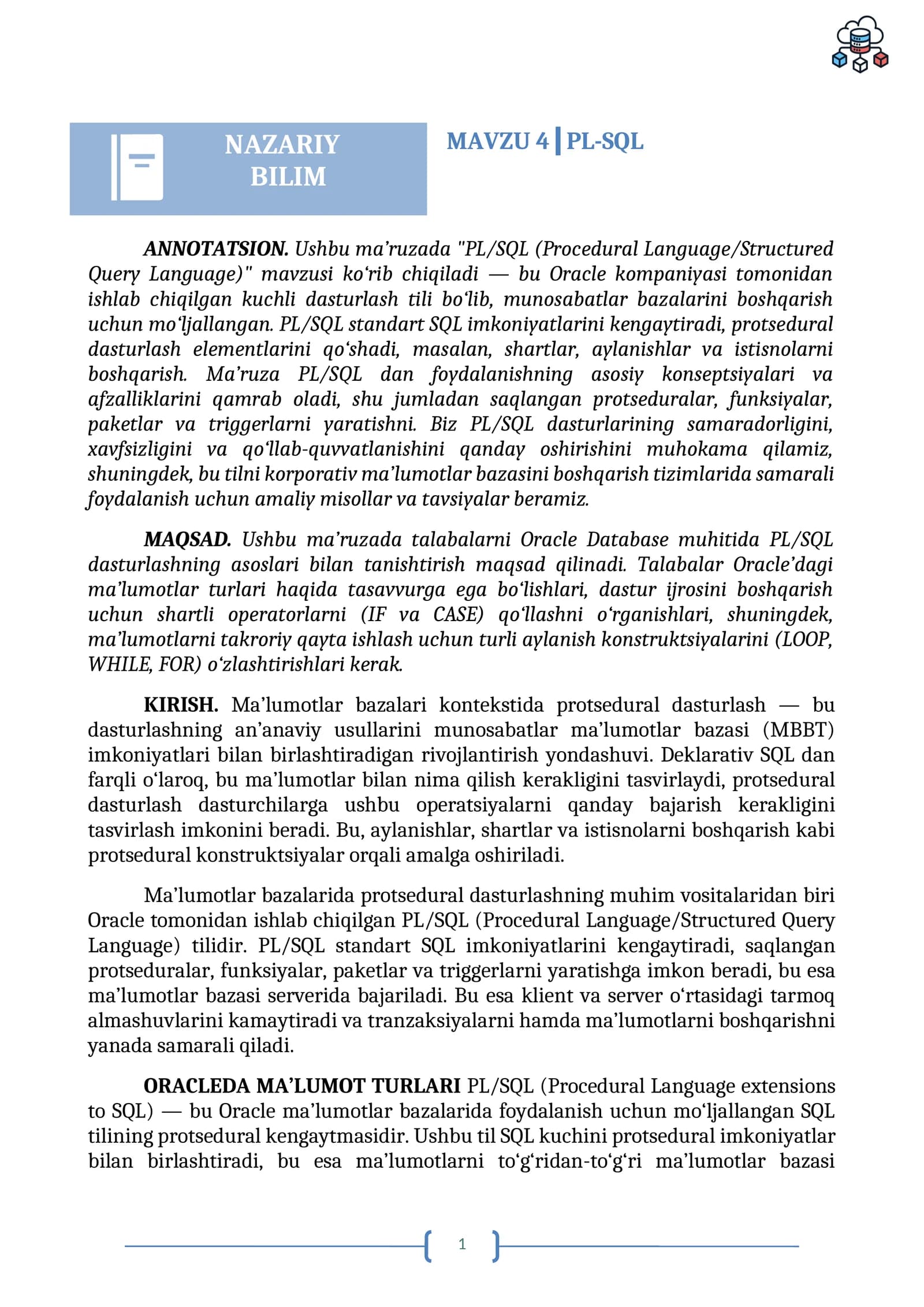 PL/SQL (Procedural Language/Structured Query Language)