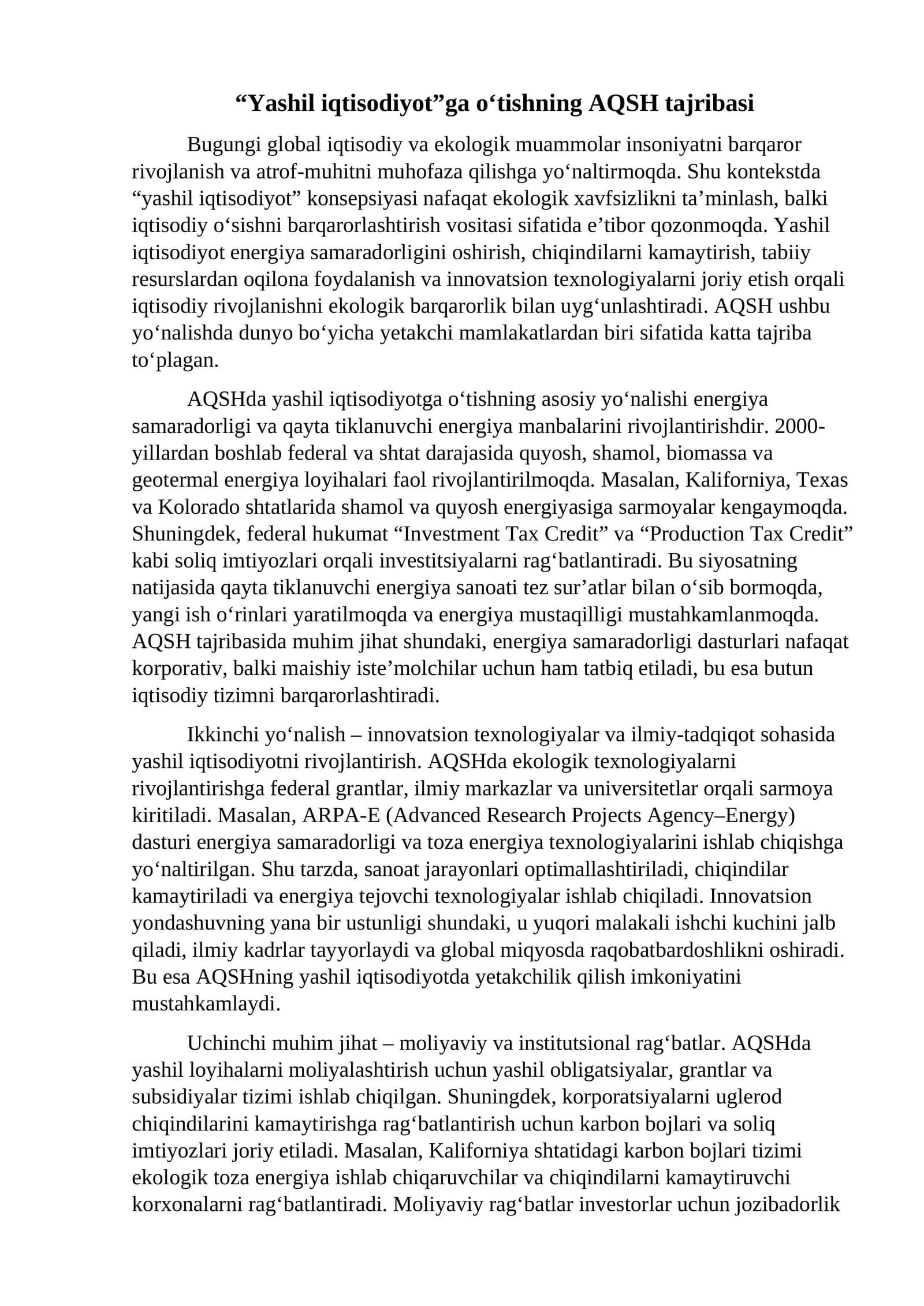Yashil iqtisodiyot”ga o'tishning AQSH tajribasi