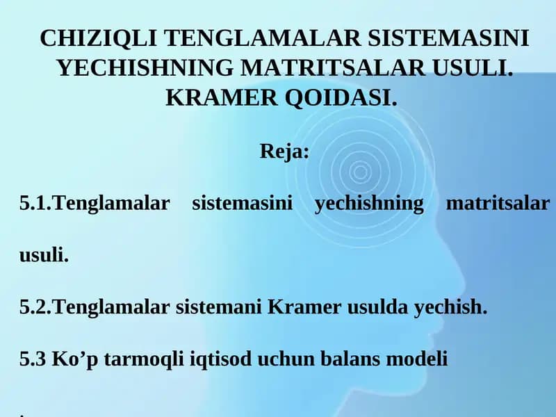 CHIZIQLI TENGLAMALAR SISTEMASINI YECHISHNING MATRITSALAR USULI. KRAMER QOIDASI