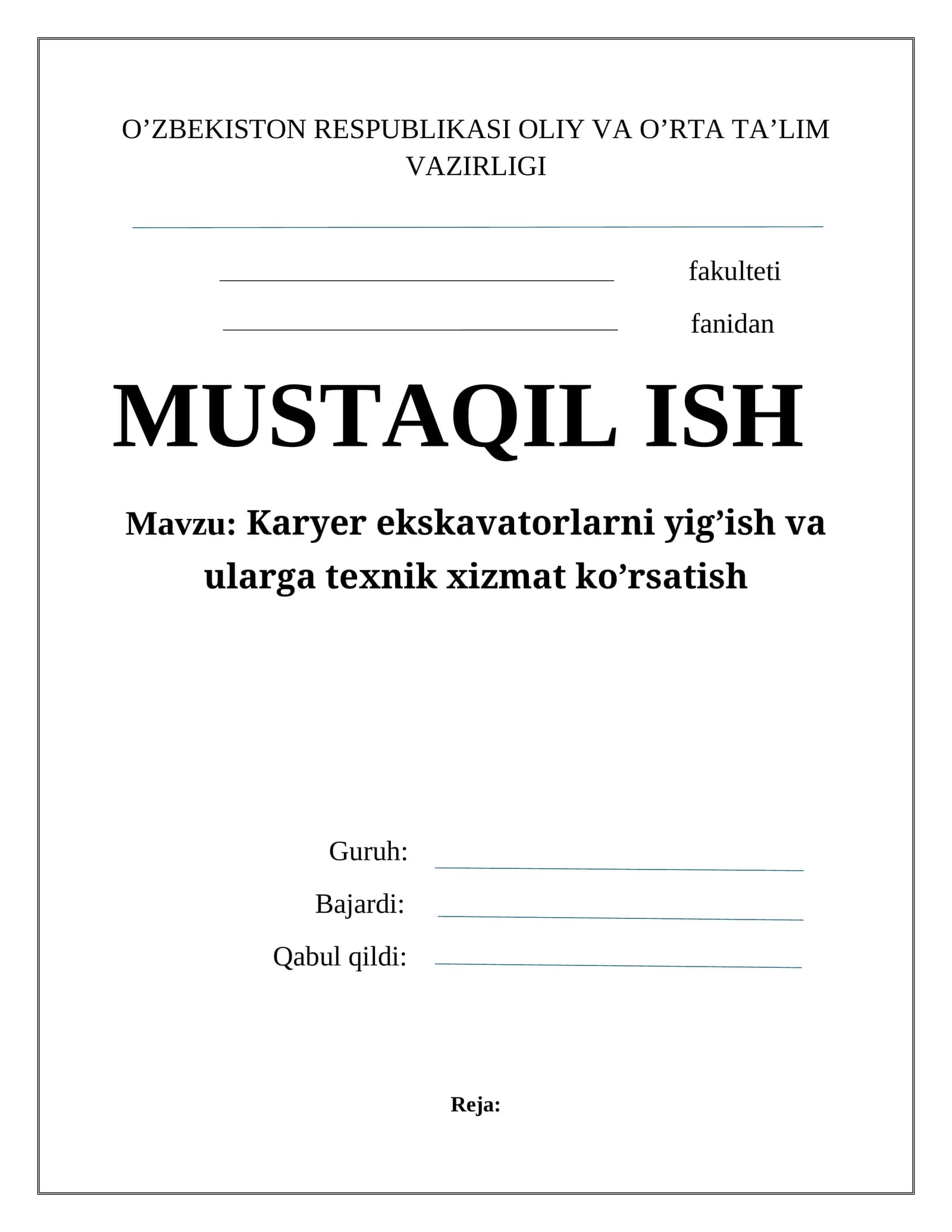 Karyer ekskavatorlarni yig’ish va ularga texnik xizmat ko’rsatish