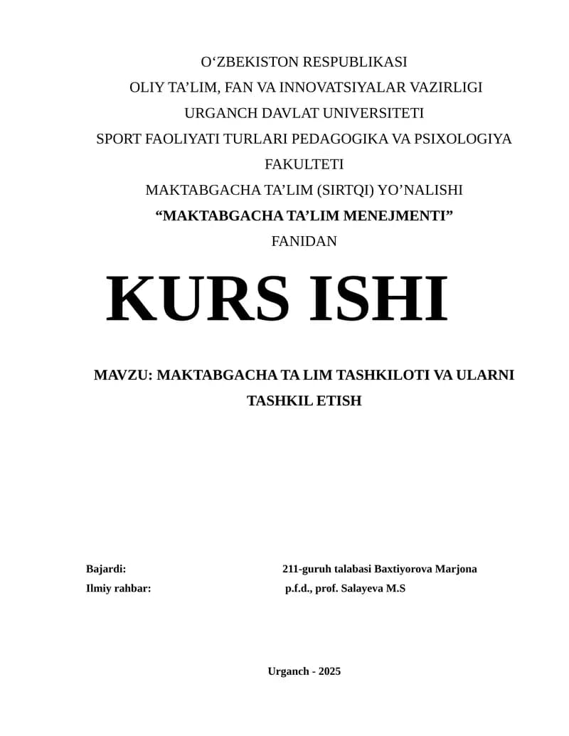 MAKTABGACHA TA’LIM MENEJMENTI