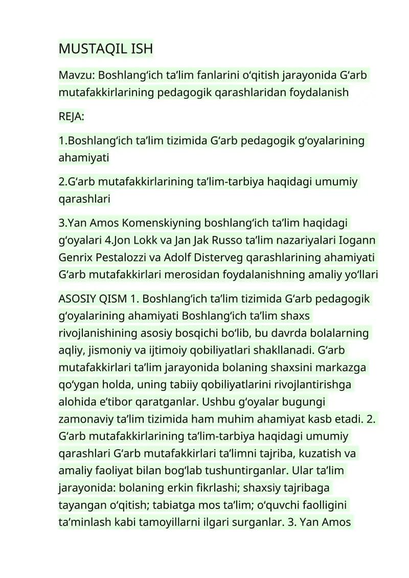 Boshlang‘ich ta’lim fanlarini o‘qitish jarayonida G‘arb mutafakkirlarining pedagogik qarashlaridan foydalanish