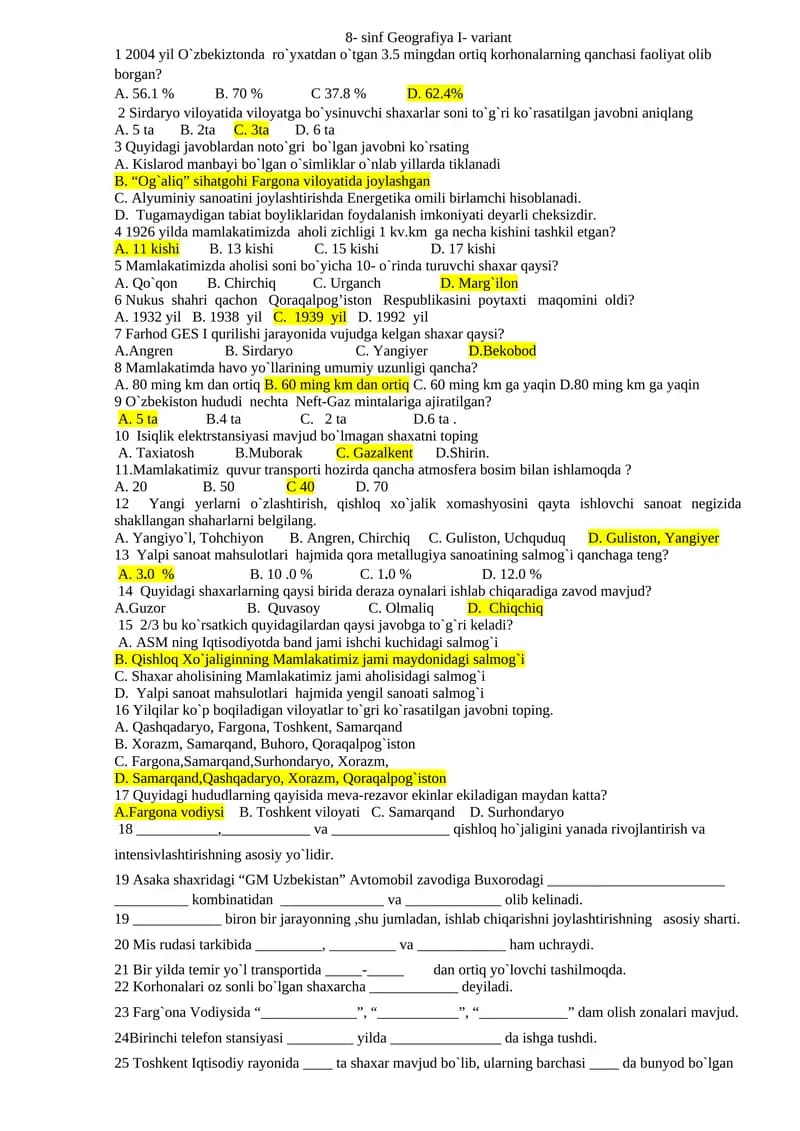 8- sinf Geografiya I- variant
