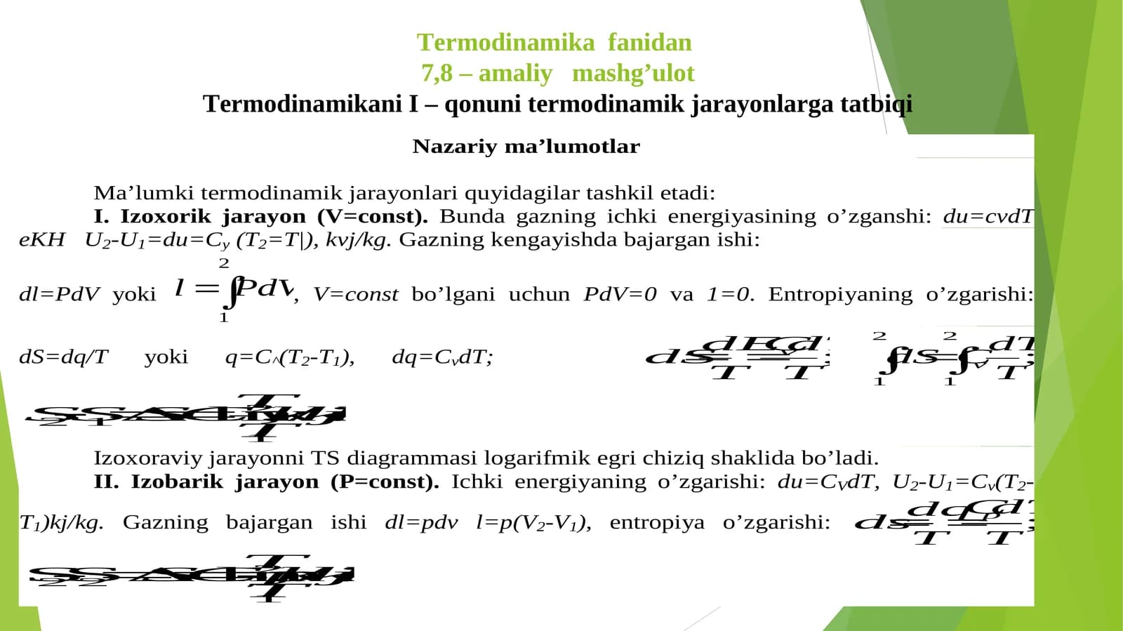 Termodinamikani I – qonuni termodinamik jarayonlarga tatbiqi