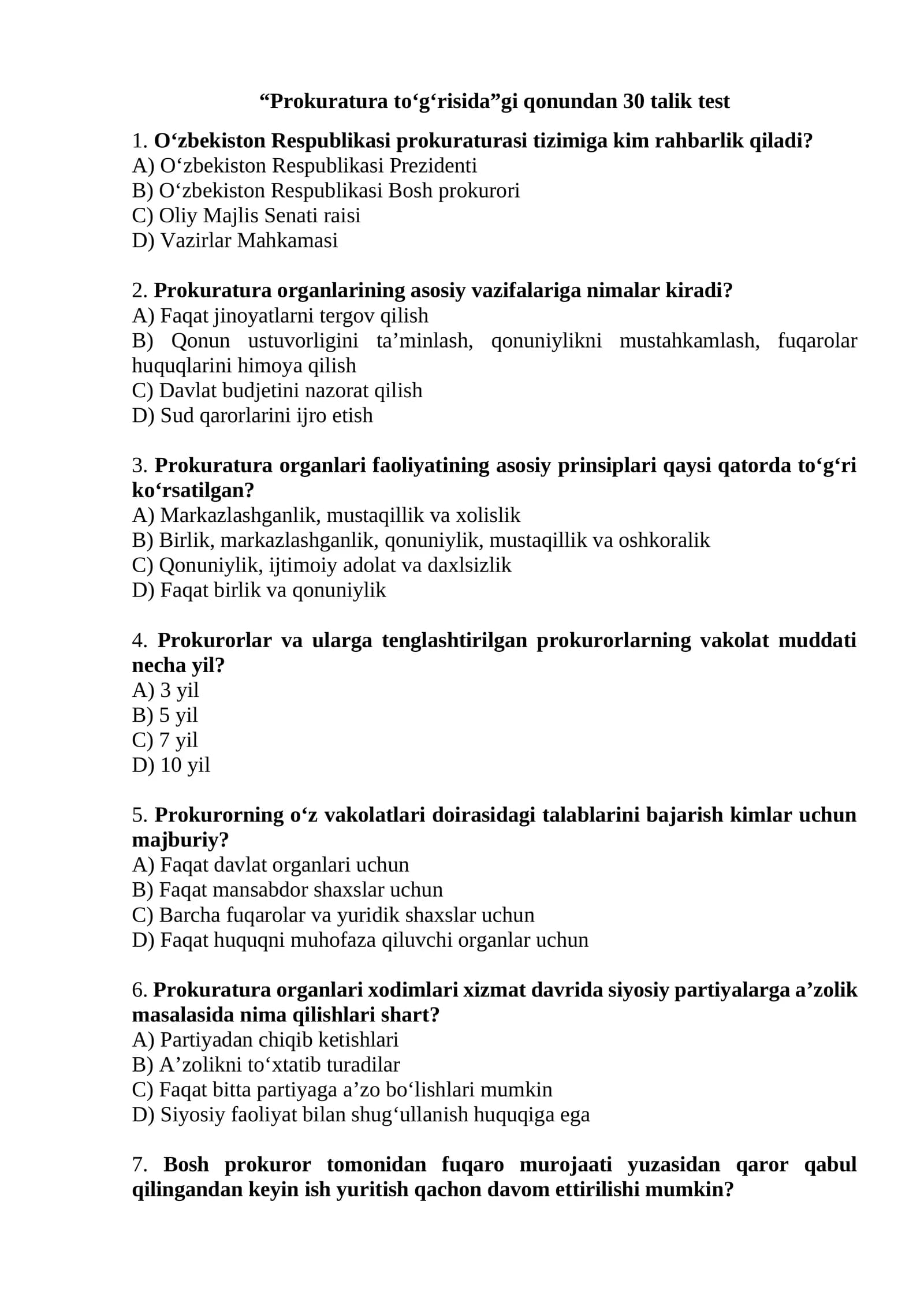 Prokuratura to‘g‘risidagi qonun bo‘yicha testlar