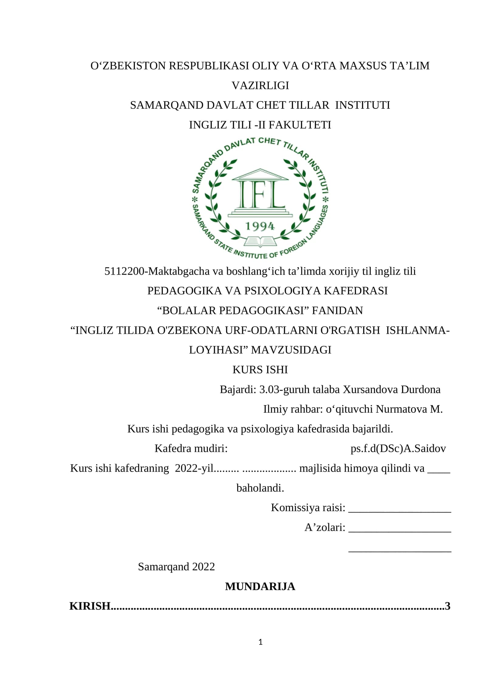 INGLIZ TILIDA O'ZBEKONA URF-ODATLARNI O'RGATISH ISHLANMA-LOYIHASI