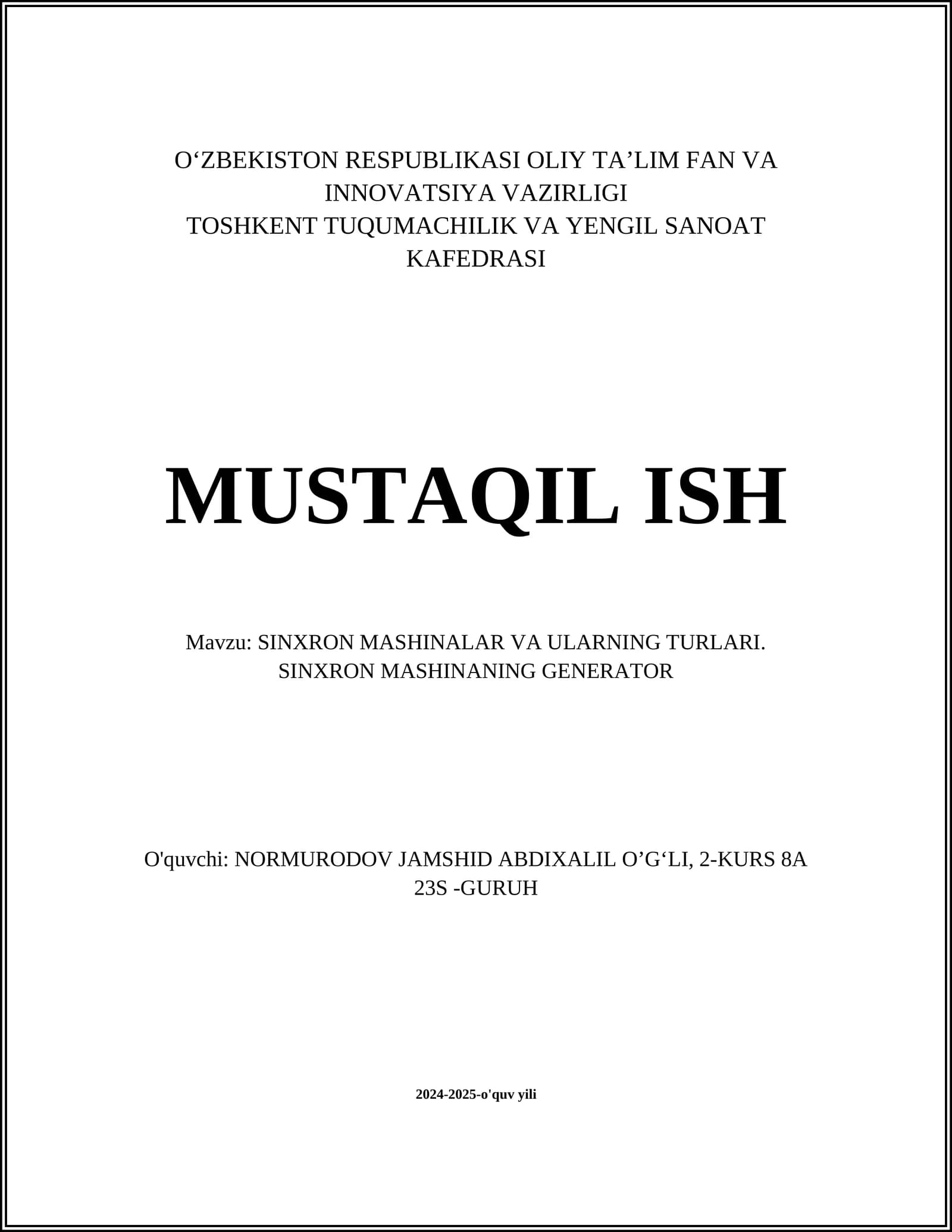 SINXRON MASHINALAR VA ULARNING TURLARI. SINXRON MASHINANING GENERATOR