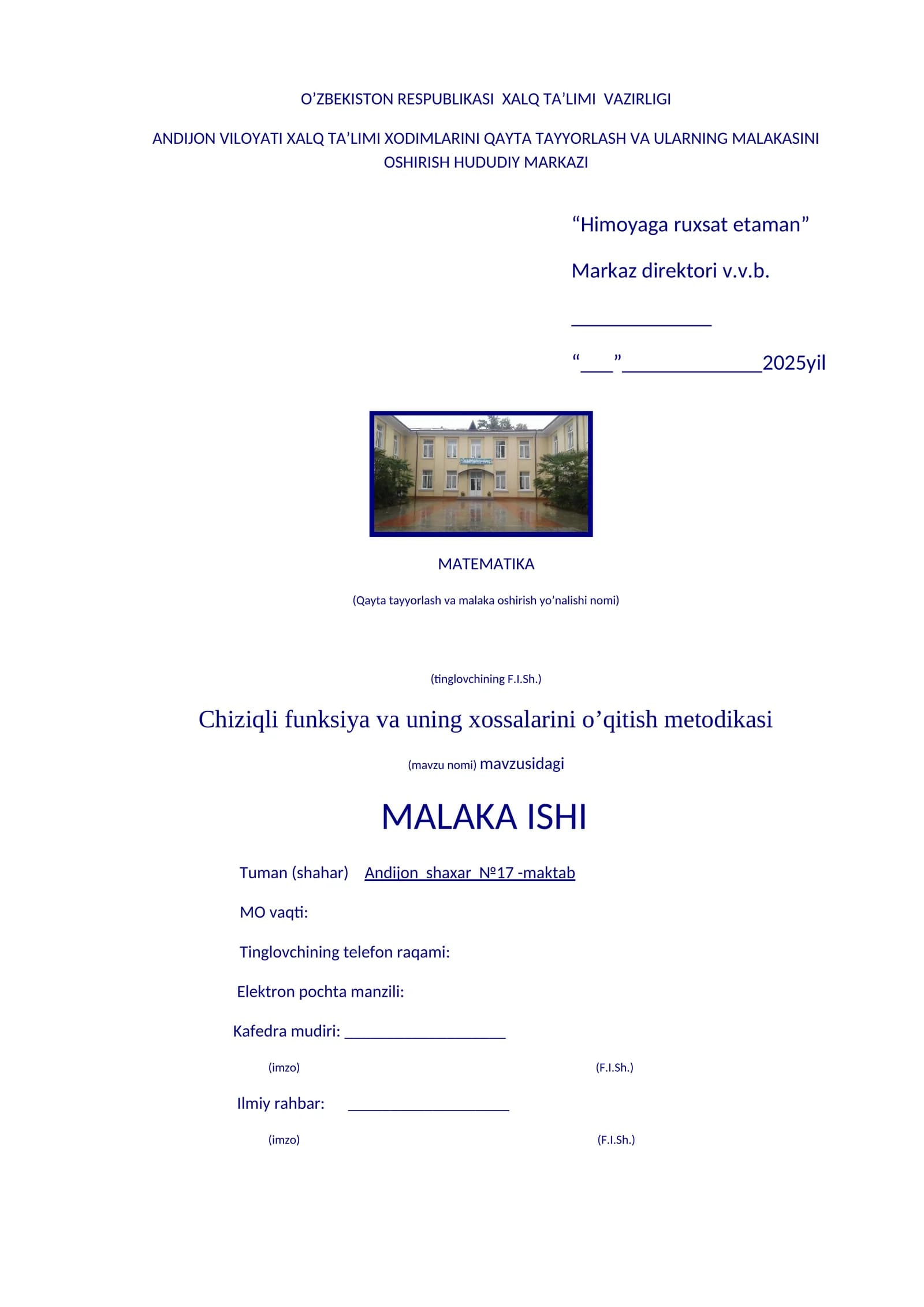 Chiziqli funksiya va uning xossalarini o’qitish metodikasi