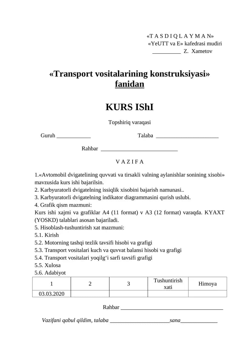 Transport vositalarining konstruksiyasi fanidan