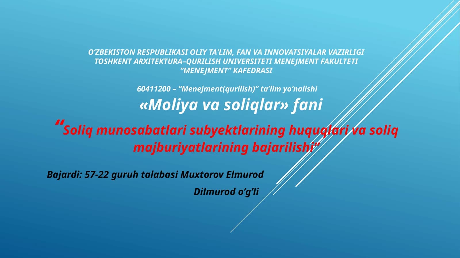 Soliqmunosabatlarisubyektlarininghuquqlarivasoliqmajburiyatlariningbajarilishi