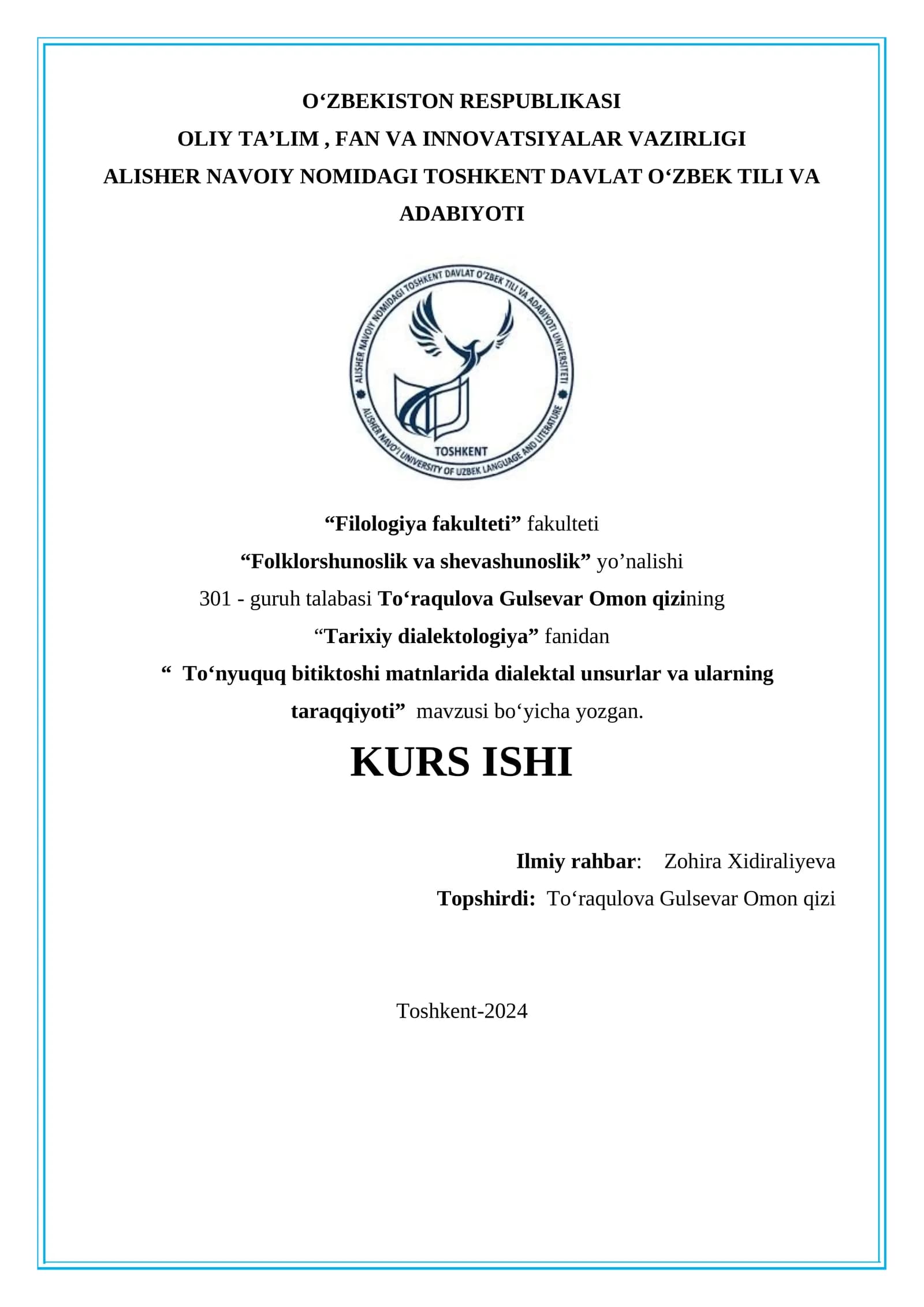 “  Toʻnyuquq bitiktoshi matnlarida dialektal unsurlar va ularning taraqqiyoti”  mavzusi bo‘yicha yozgan.
