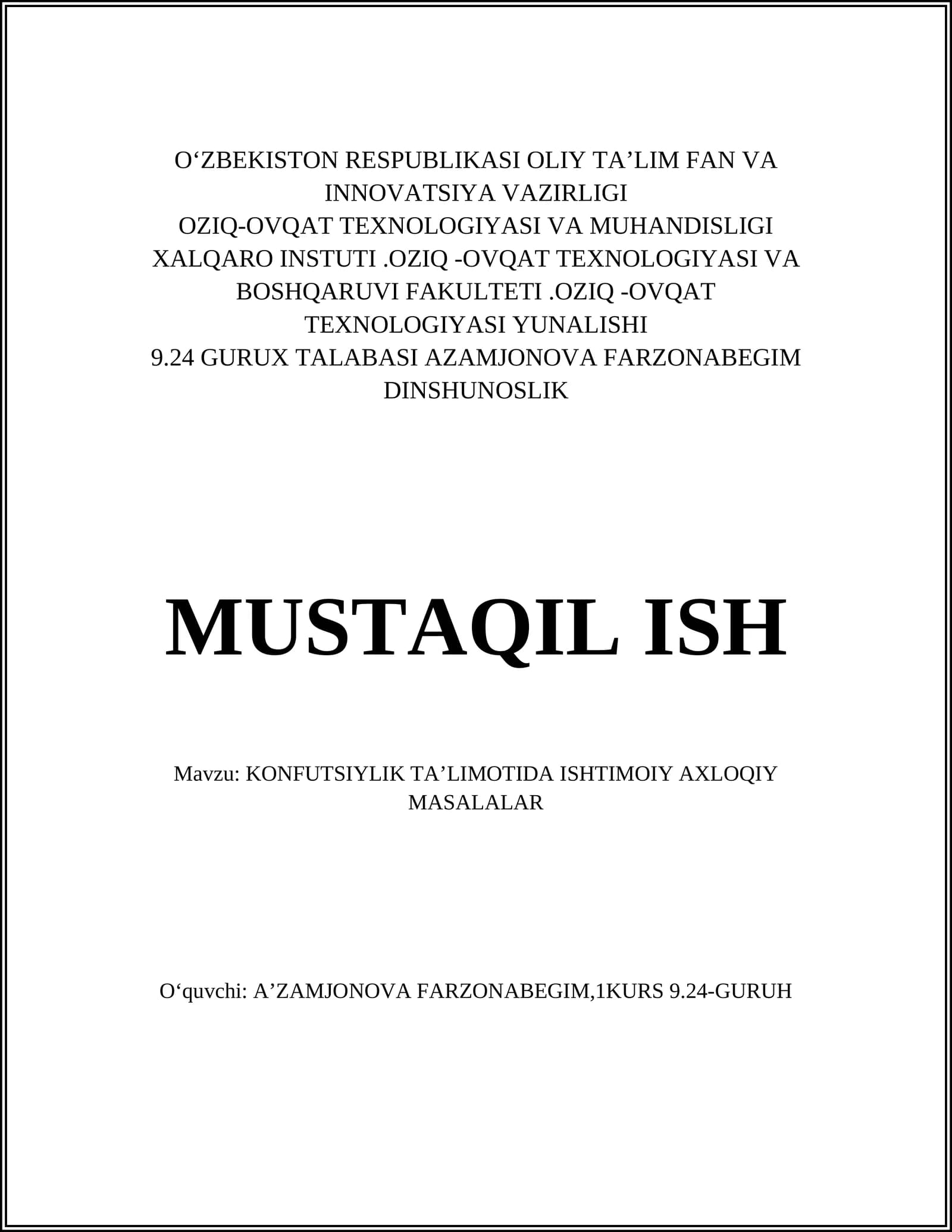 KONFUTSIYLIK TA’LIMOTIDA ISHTIMOIY AXLOQIY MASALALAR