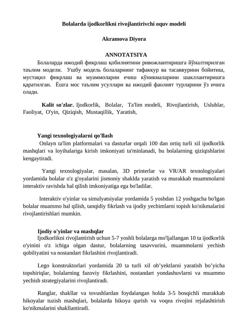 Bolalarda ijodkorlikni rivojlantirivchi oquv modeli