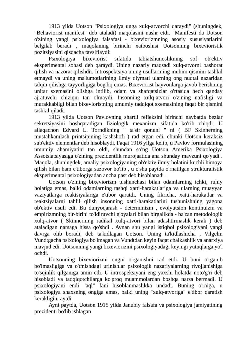 Uotson "Psixologiya unga xulq-atvorchi qaraydi"