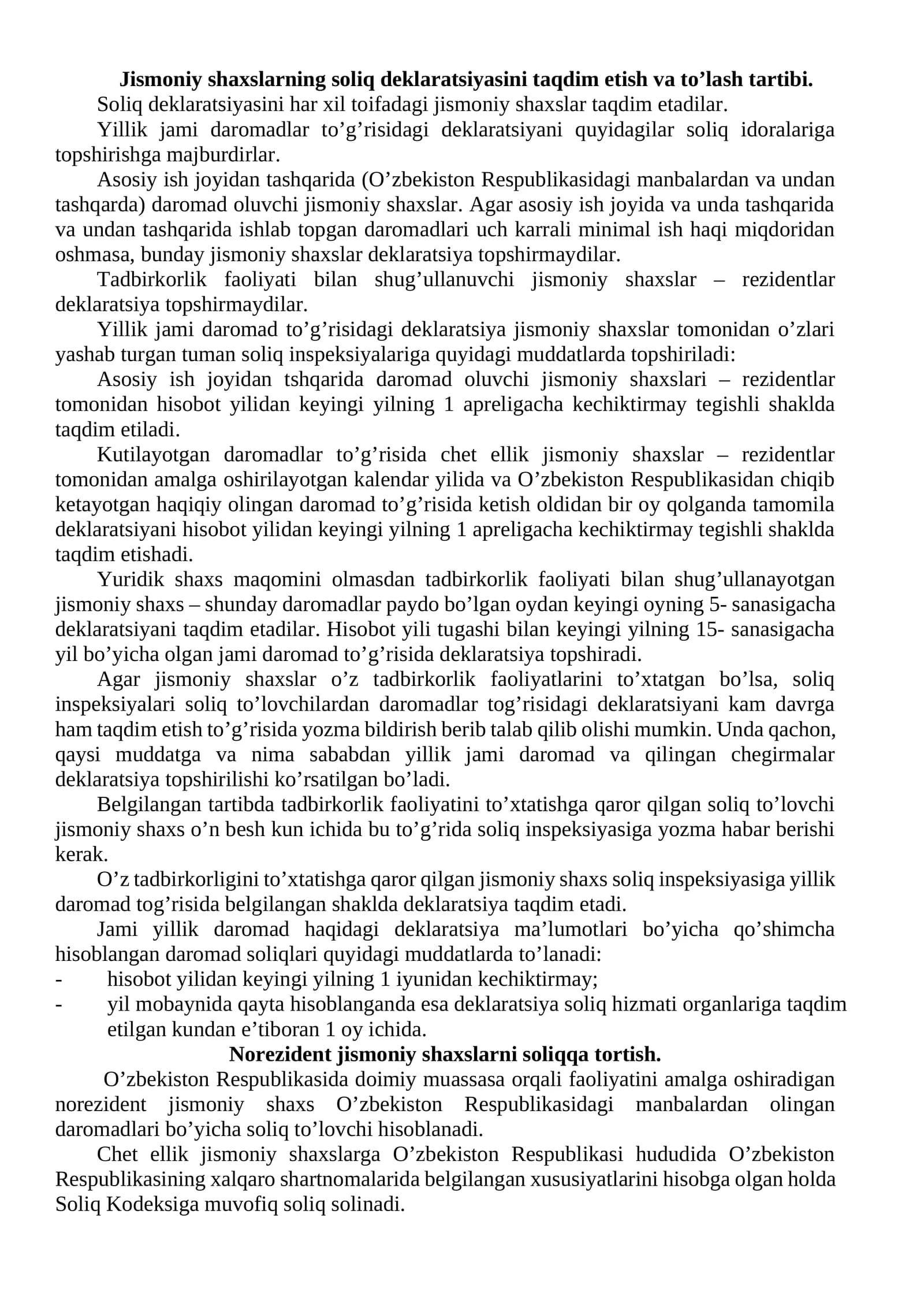 Jismoniy shaxslarning soliq deklaratsiyasini taqdim etish va to’lash tartibi