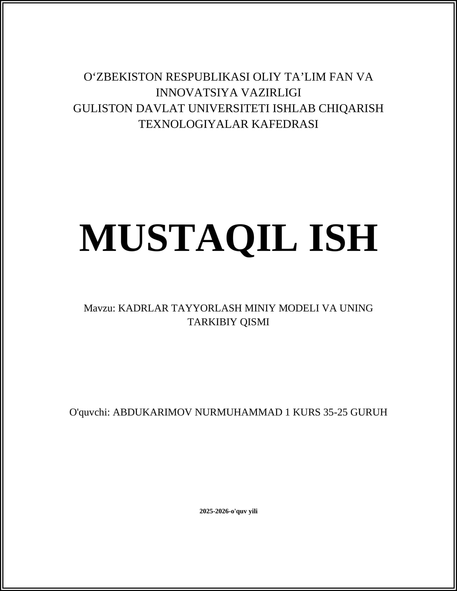 Kadrlar tayyorlash miniy modeli va uning tarkibiy qismi