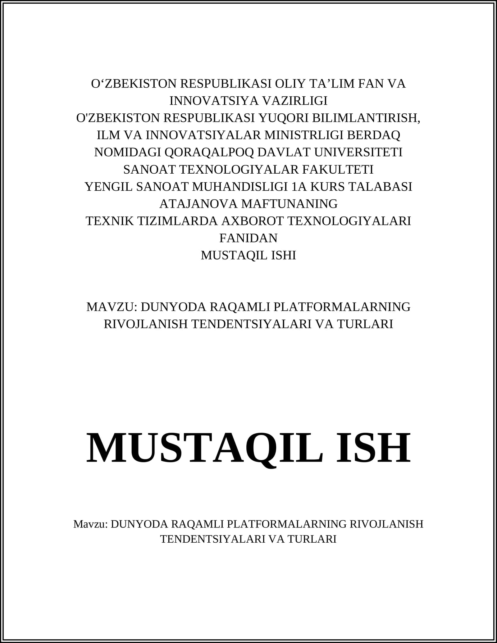 YENGIL SANOAT MUHANDISLIGI 1A KURS TALABASI ATAJANOVA MAFTUNANING