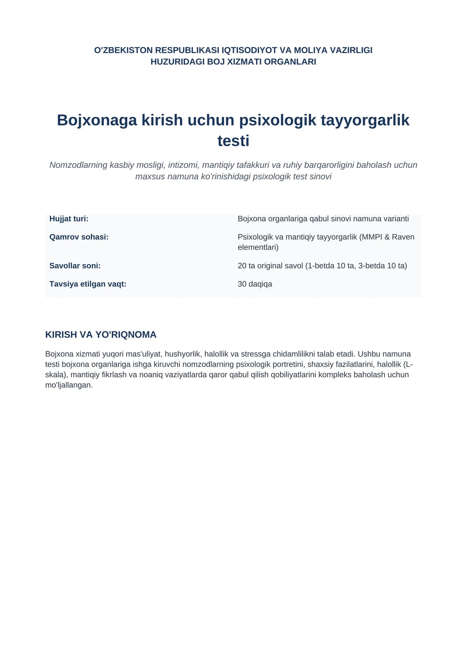 Bojxonaga Psixologik tayyorgarlik testi 2026