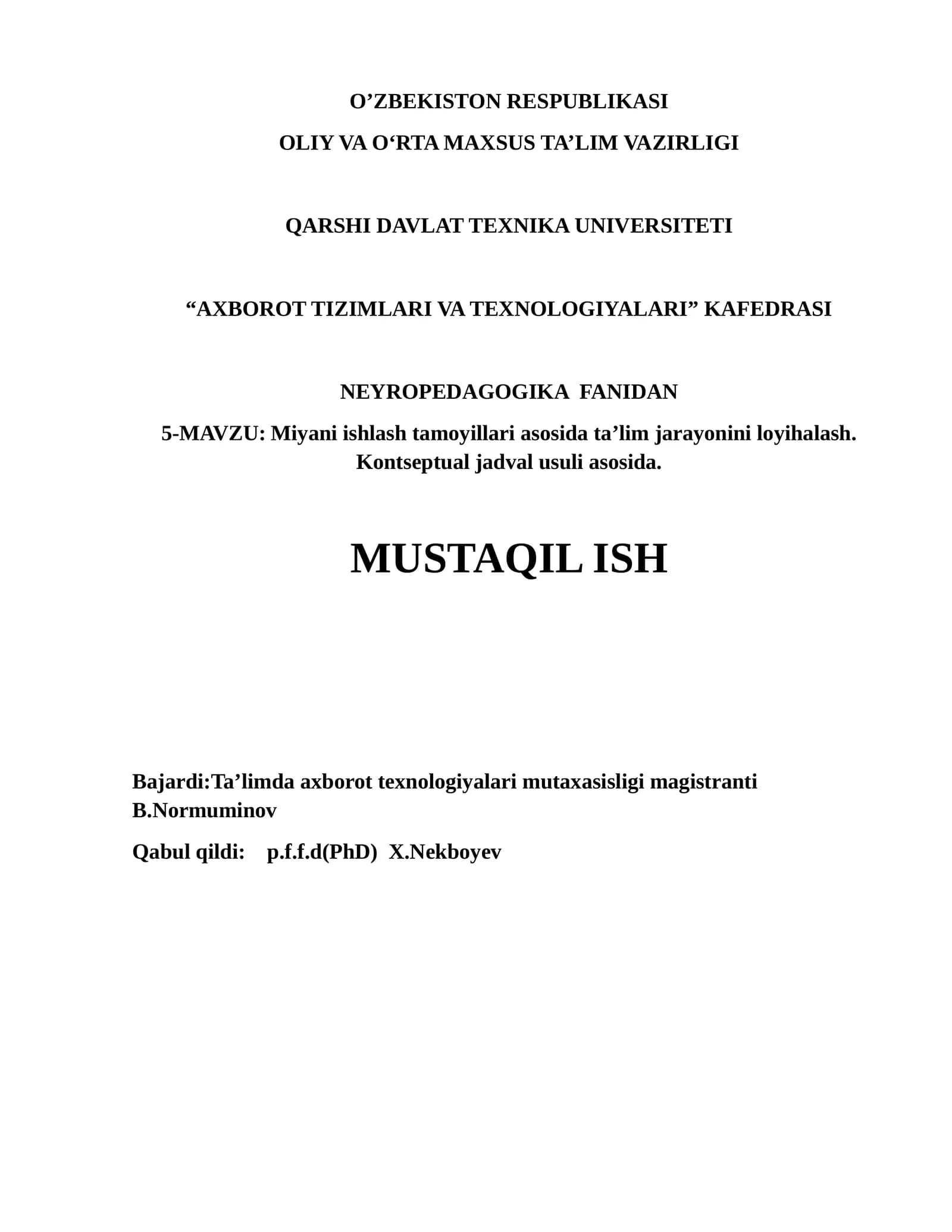 Miyani ishlash tamoyillari asosida ta’lim jarayonini loyihalash