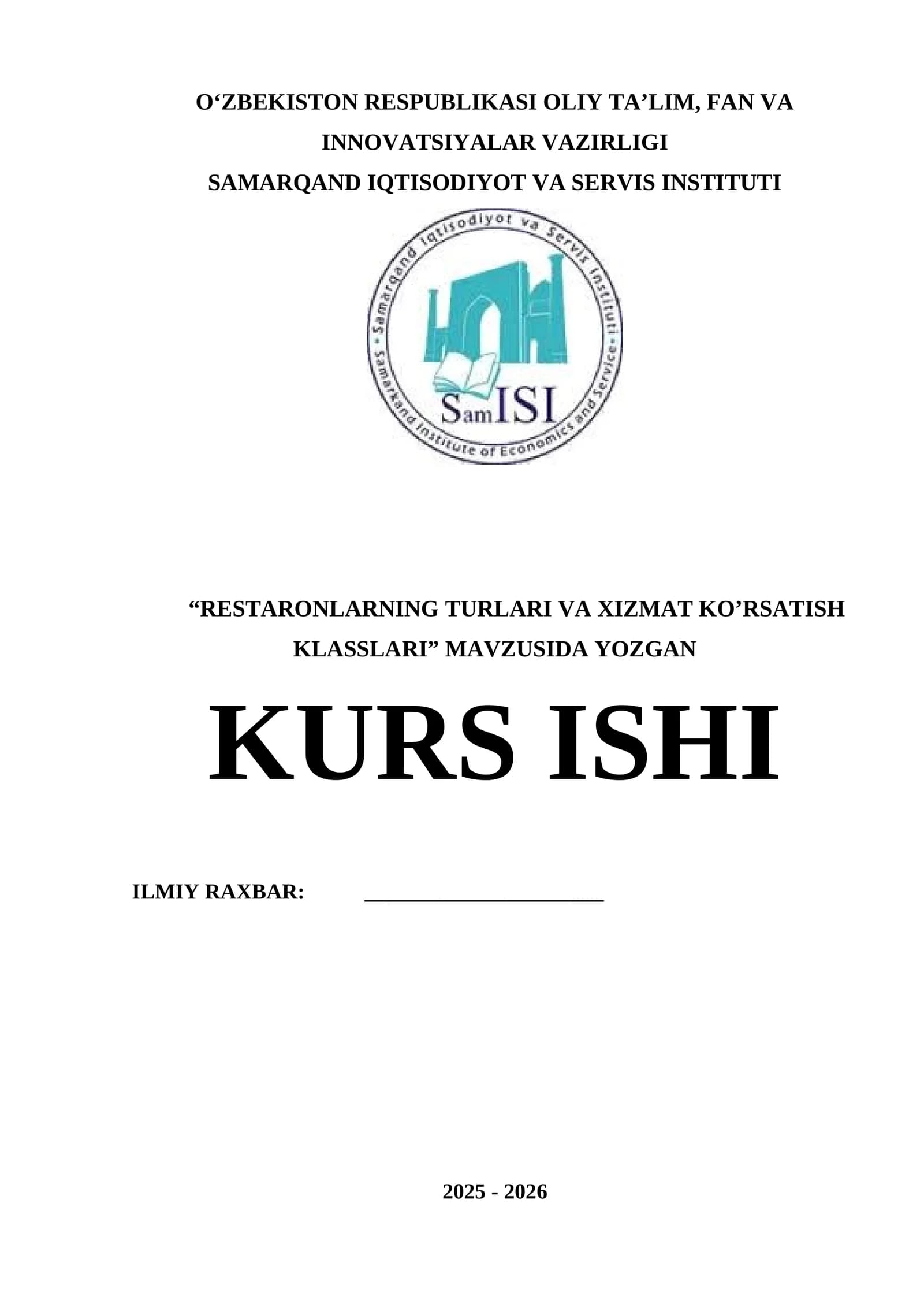 RESTARONLARNING TURLARI VA XIZMAT KO’RSATISH KLASSLARI