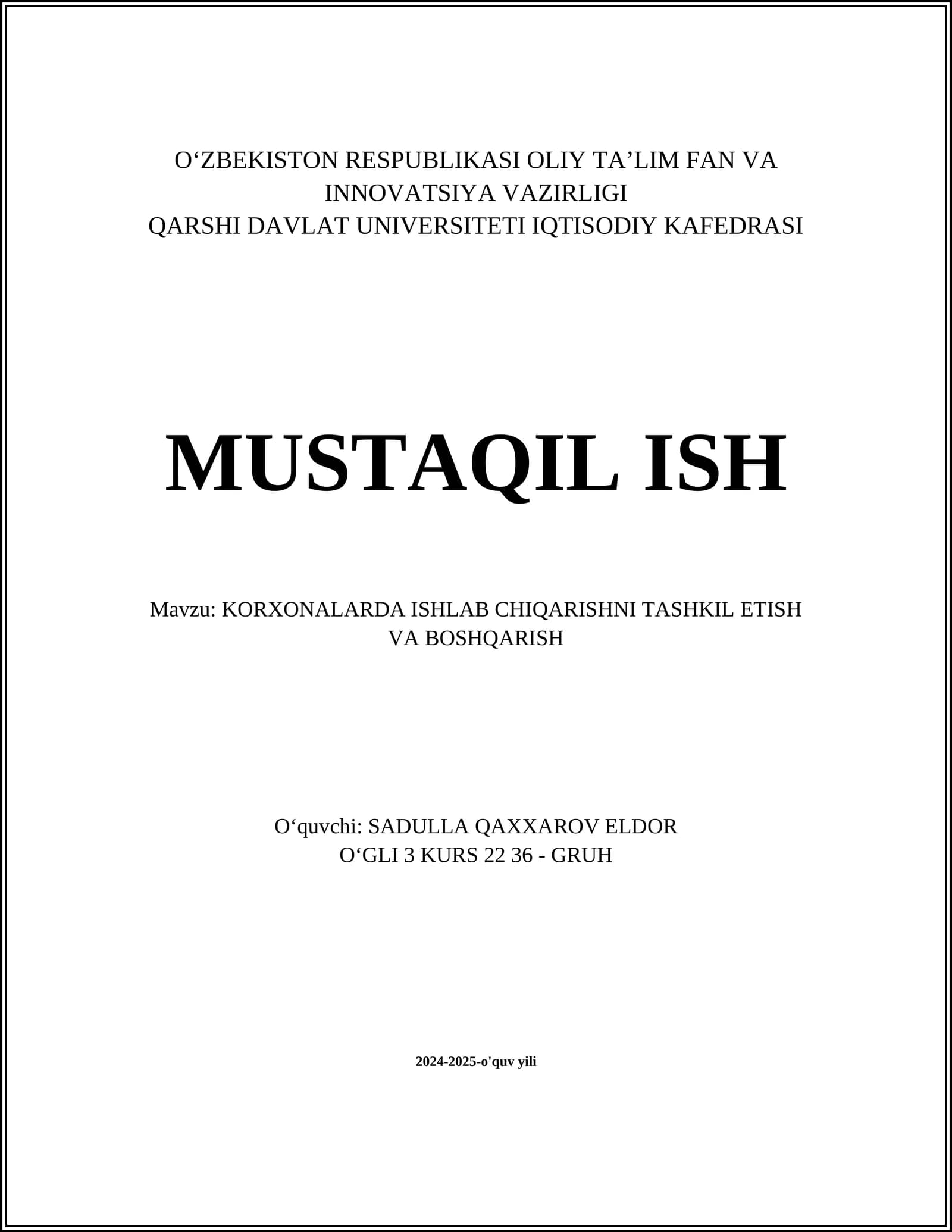 KORXONALARDA ISHLAB CHIQARISHNI TASHKIL ETISH VA BOSHQARISH