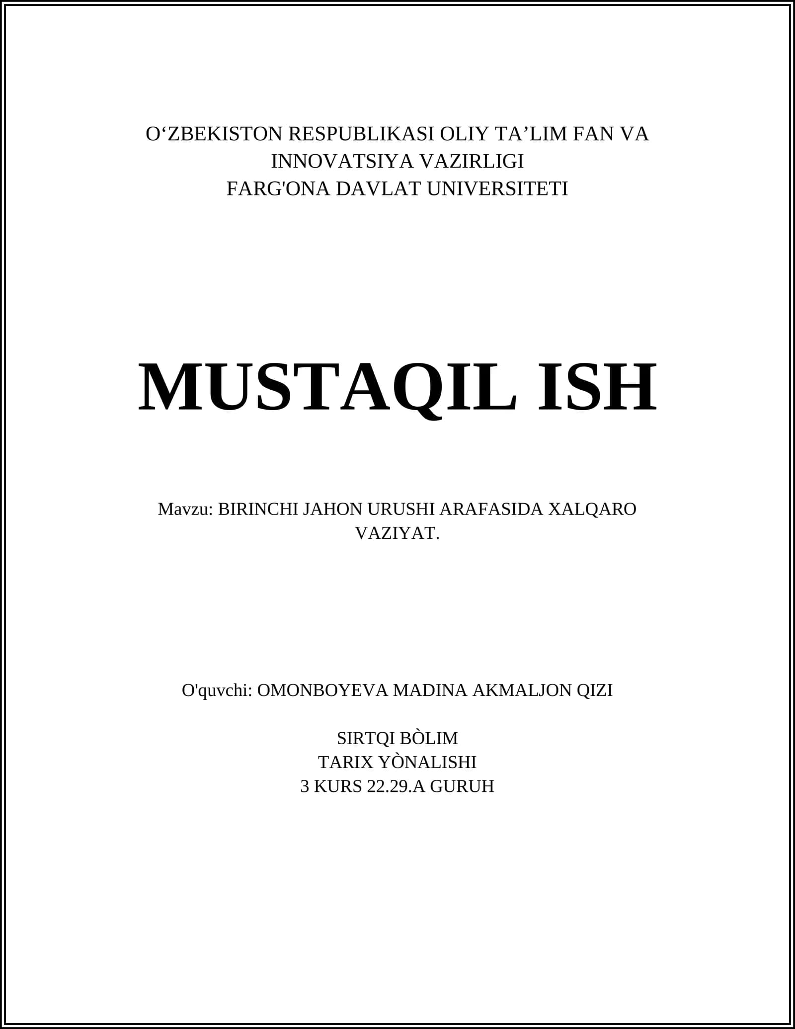 BIRINCHI JAHON URUSHI ARAFASIDA XALQARO VAZIYAT