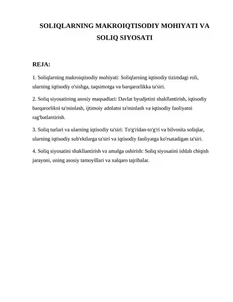 Soliqlarning Makroiqtisodiy Mohiyati va Soliq Siyosati